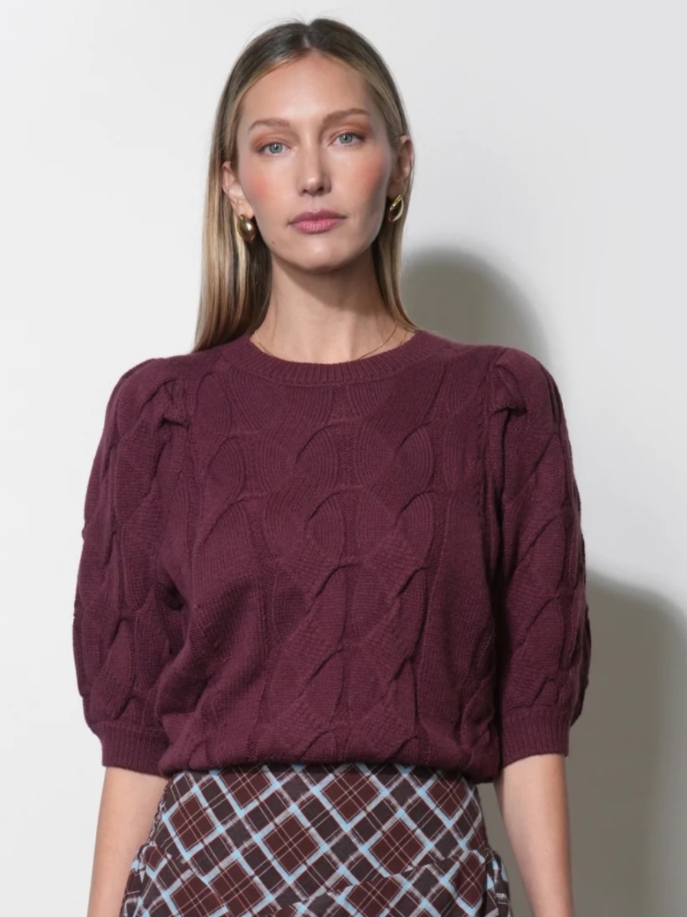Greylin Hallie Cable Knit Puff Sleeve Sweater Top